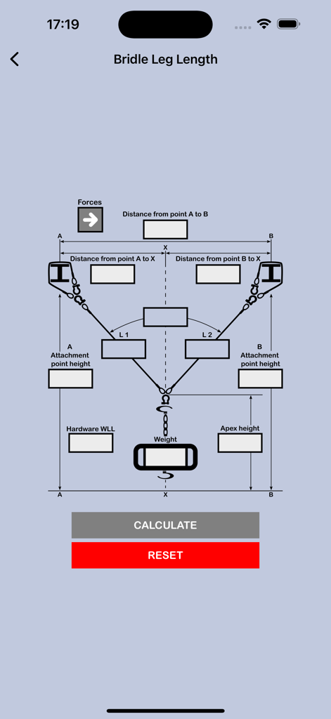 Rigging Bridle Calculator+ - Interfaz de la aplicación Rigging Bridle Calculator que muestra campos de entrada para la longitud de la pata del arnés y las alturas de los puntos de fijación