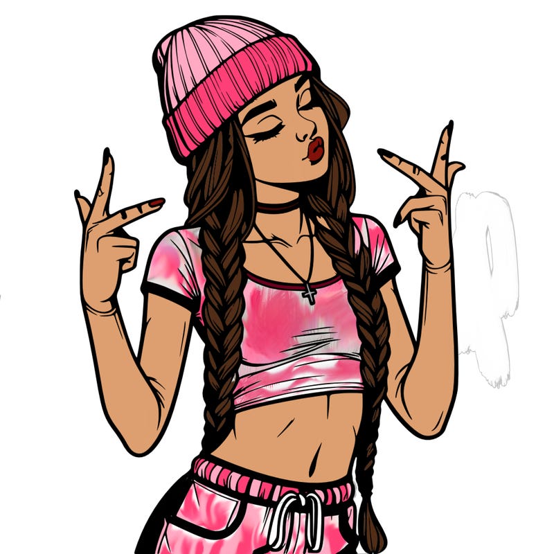 realistic teenage girl with braids and a beanie and crop top doing 🫶🏼