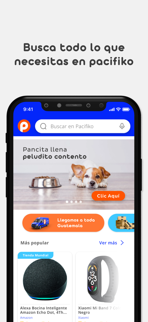 Pacifiko - Pacifiko mobile app interface showing a search bar and shopping promotions for delivery in Guatemala