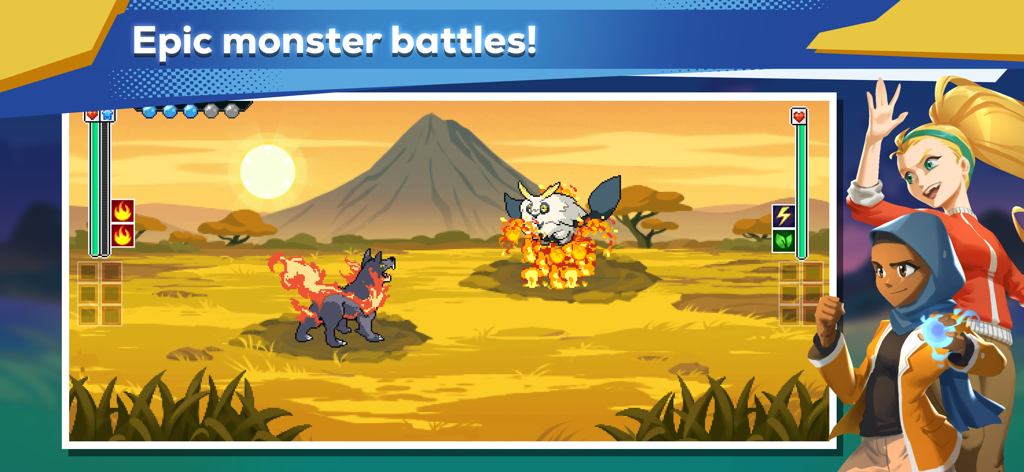 EvoCreo2: Monster Trainer RPG - Batalla por turnos de pixel art de EvoCreo 2 entre dos monstruos en un paisaje de sabana