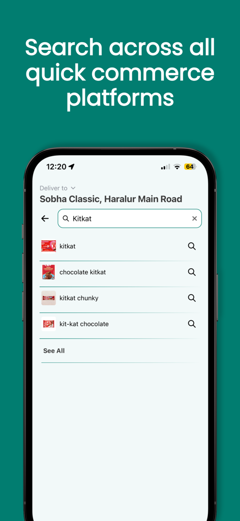 Quick Compare App - Interface of the Quick Compare app showing a search for Kitkat across various Indian quick commerce delivery platforms