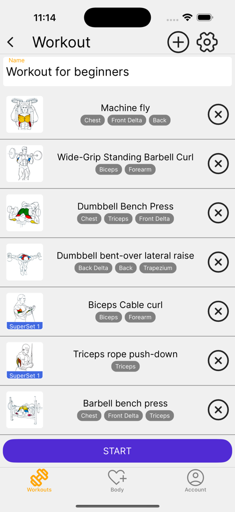 Workouts - TrainingDay - List of exercises for a beginner workout routine in the TrainingDay mobile app.