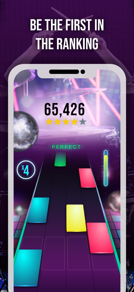 Drum Tiles: drumming game - Drum Tiles gameplay screen showing a high score and colorful rhythm tiles