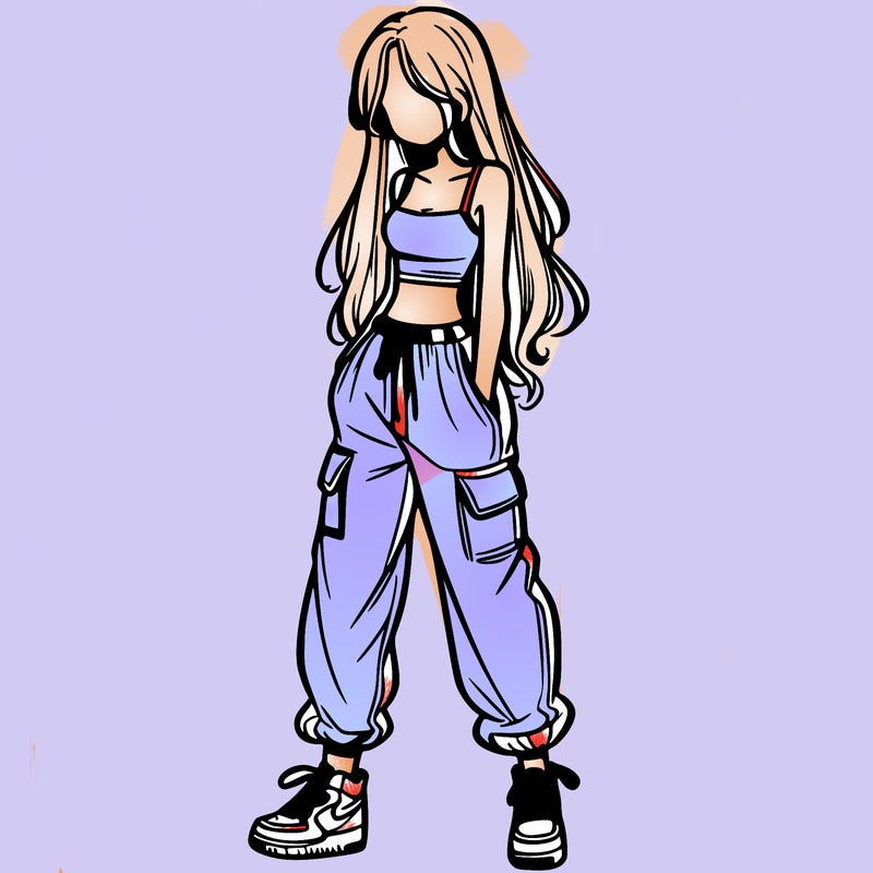 girl in baggy pants crop top and long hair