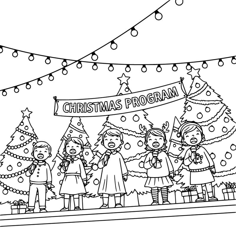 little kids singing on stage at a christmas program.  include christmas decorations