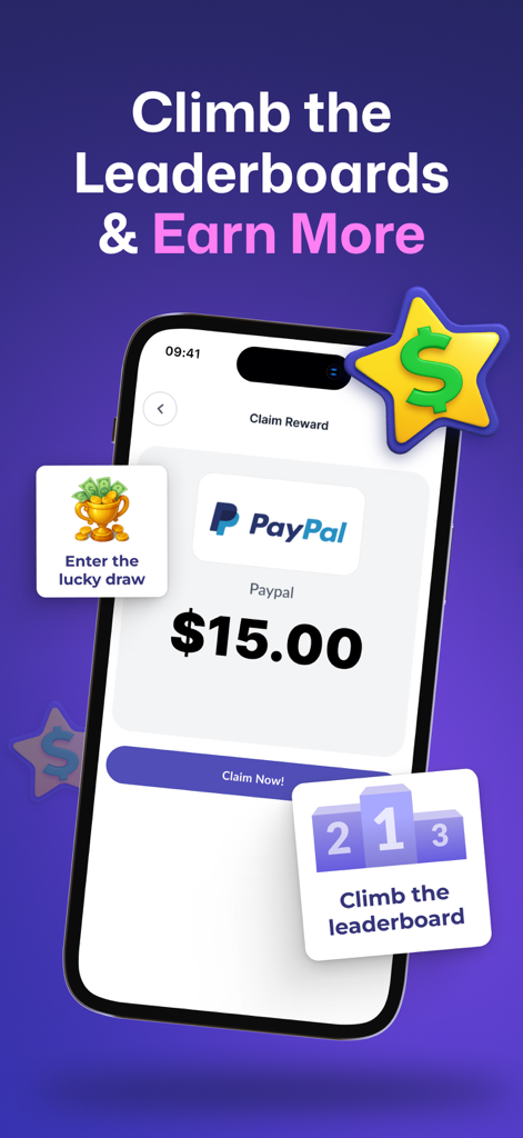 EarnStar app screen showing a fifteen dollar PayPal payout and leaderboard rewards