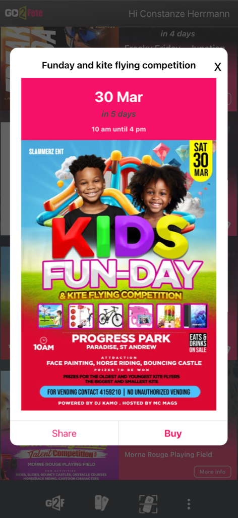 L'app Go2Fete mostra un poster di un evento "Kids Fun Day" e una gara di aquiloni con un pulsante per acquistare i biglietti