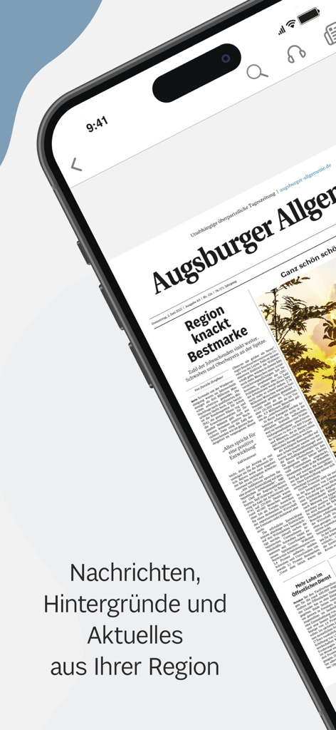 Augsburger Allgemeine mobile app showing a digital newspaper page on a smartphone screen