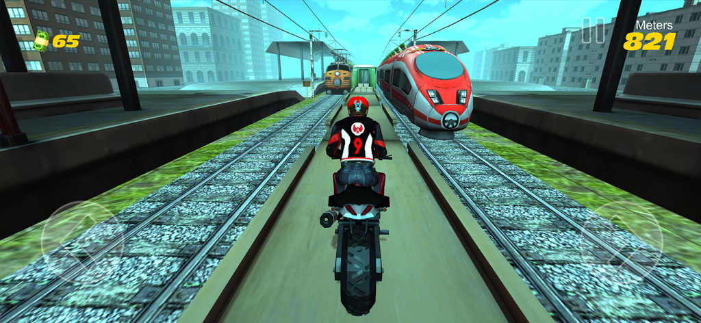 Subway Rider - Train Surfer 3D - Vue à la troisième personne d'un motard sur une voie de métro esquivant un train rouge qui arrive dans un environnement urbain.