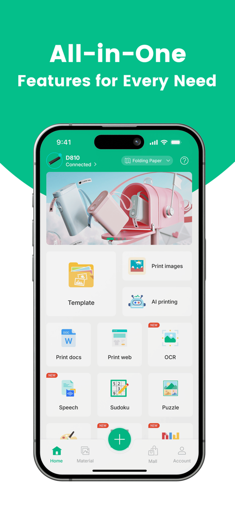 Nelko - Pantalla de inicio de la aplicación de impresión de etiquetas Nelko mostrando todas las funciones en una, como plantillas e impresión IA
