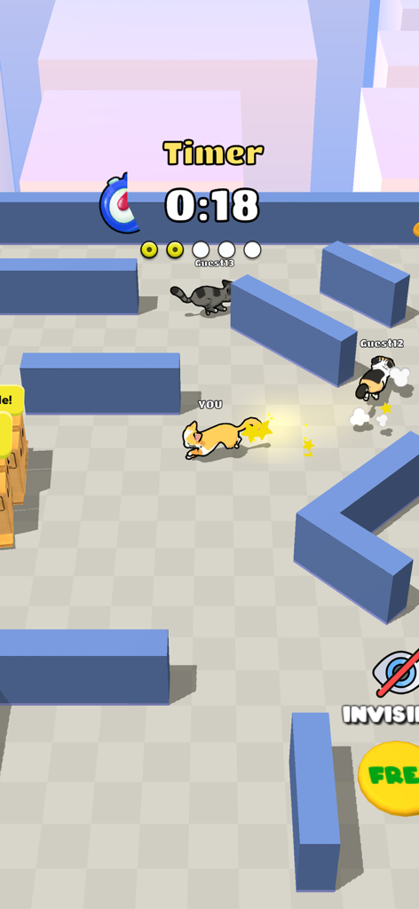 Purrfect Cat Escape: Hide Seek - Top-down view of cute cartoon cats playing hide and seek in a 3D maze environment