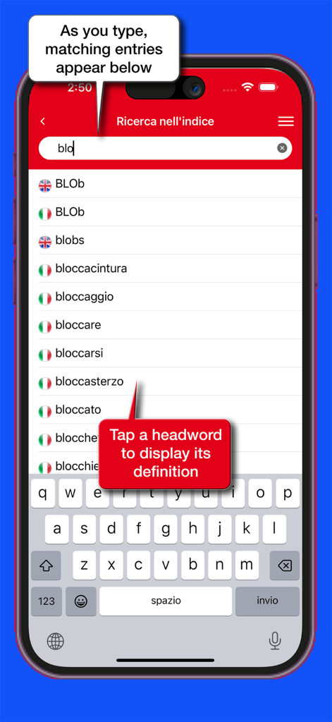 Marolli Technical Dictionary - A smartphone screen displaying the search index of the Marolli Technical Dictionary app with real-time results appearing as the user types