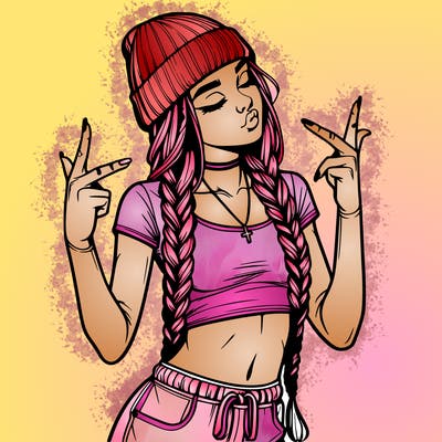realistic teenage girl with braids and a beanie and crop top doing 🫶🏼