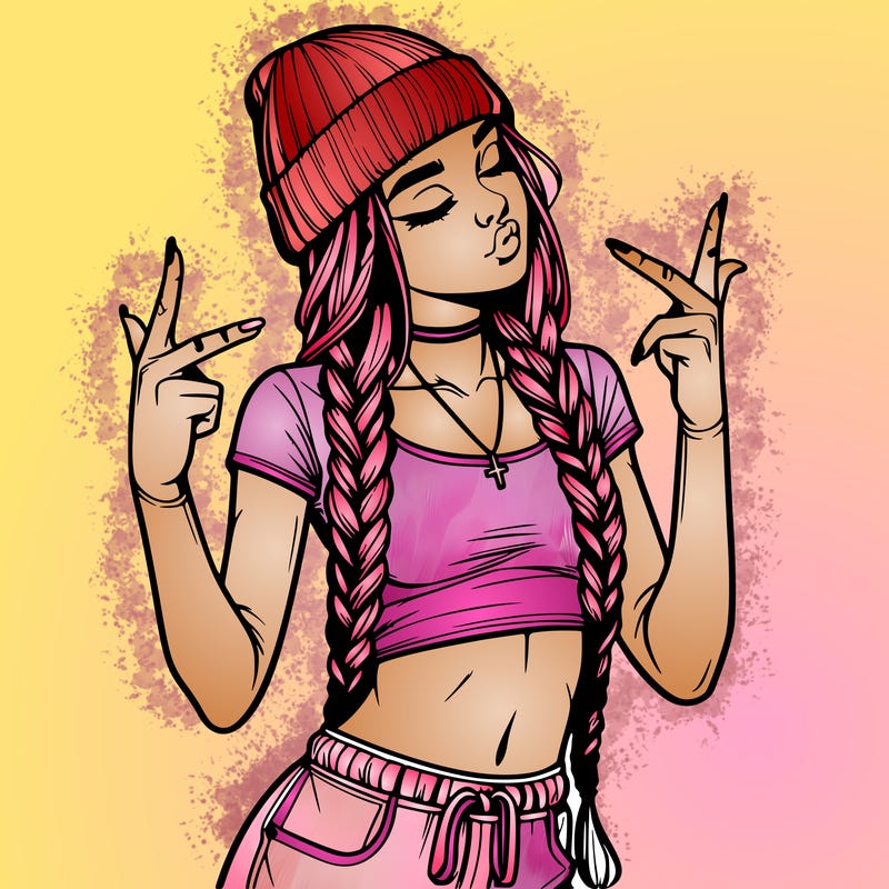 realistic teenage girl with braids and a beanie and crop top doing 🫶🏼