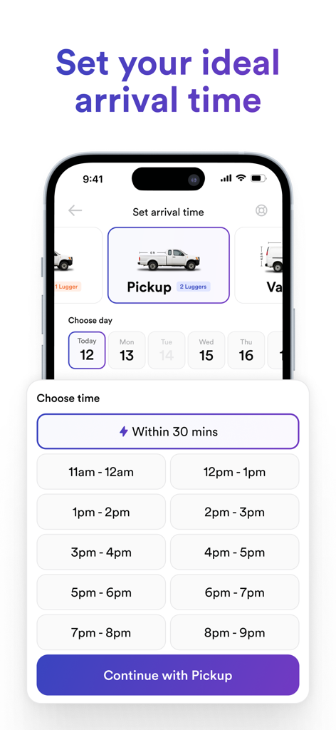 Lugg mobile app screen showing options to set a moving arrival time and choose a pickup vehicle