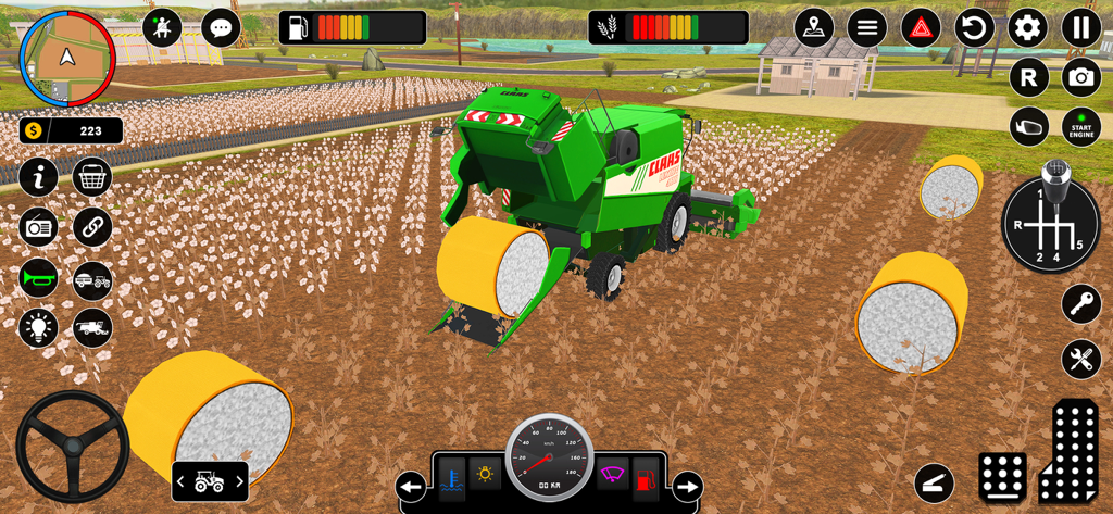 Real Tractor Farming Game - Máquina colheitadeira verde produzindo fardos de algodão em um grande campo agrícola