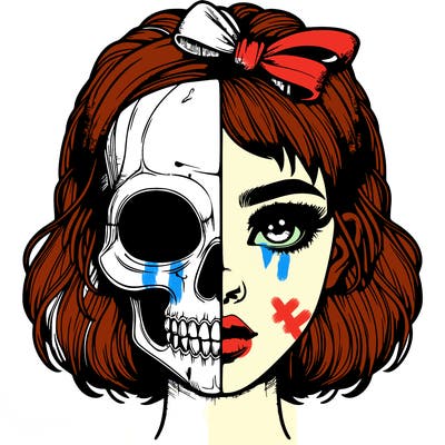 realistic girl with half skull mask