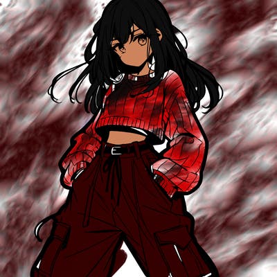 anime teen girl with baggy pants and crop top with sweater