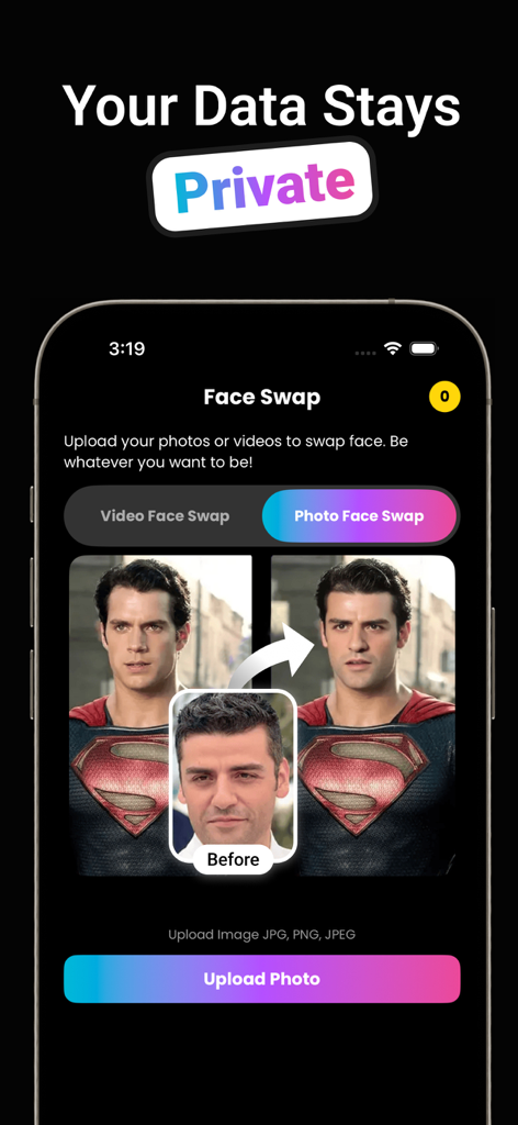 Face Swap AI Video - Facetik - Facetik app interface showing a photo face swap onto a movie character with a prominent data privacy message