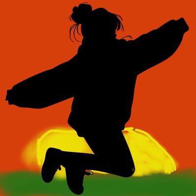 realistic girl jumping with a bun and oversized sweatshirt