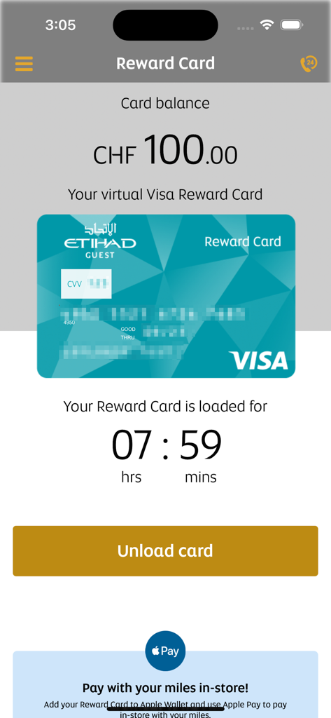 Reward Card - Interface of the Etihad Guest Reward Card app showing a virtual Visa card with a balance of 100 CHF