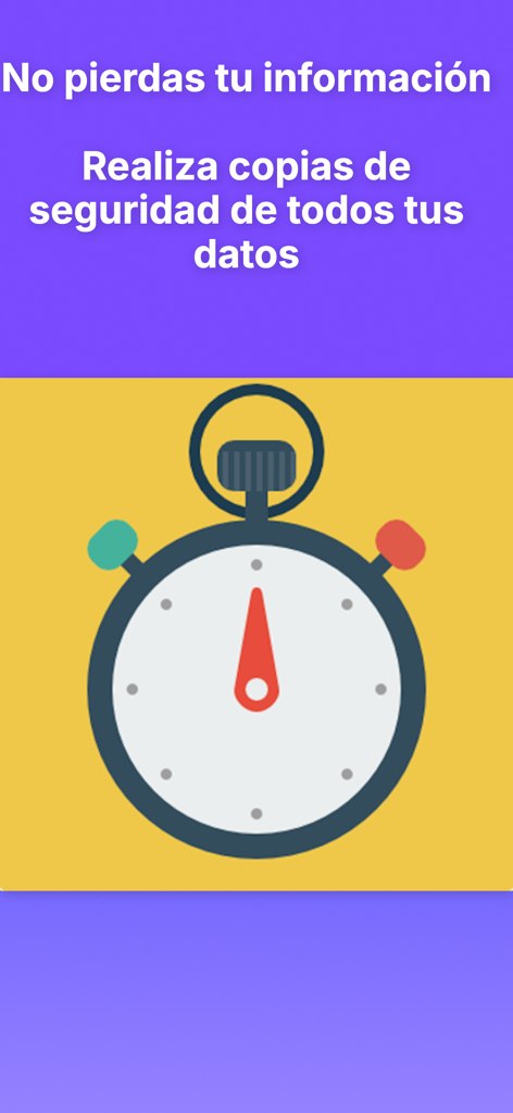 WorkTime: Hours Tracker Log - Pantalla de copia de seguridad de datos de la aplicación WorkTime con una ilustración de cronómetro y texto en español sobre el guardado de información