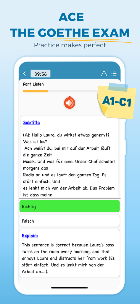 Interface do aplicativo Faztaa mostrando prática de escuta para o exame Goethe com diálogo em alemão e explicações em inglês