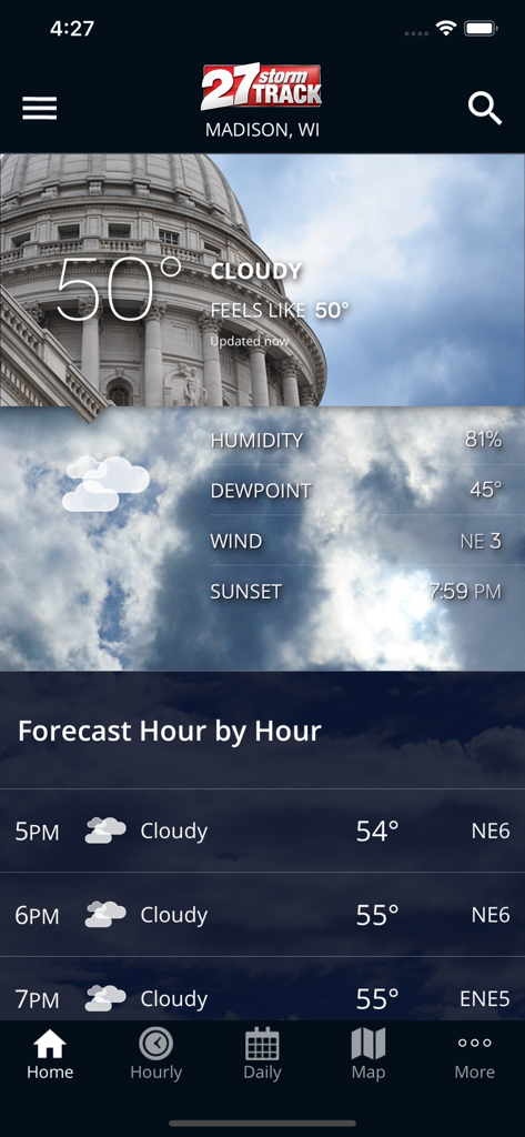 Home screen of the 27StormTrack weather app for Madison Wisconsin showing current cloudy conditions and hourly forecast.