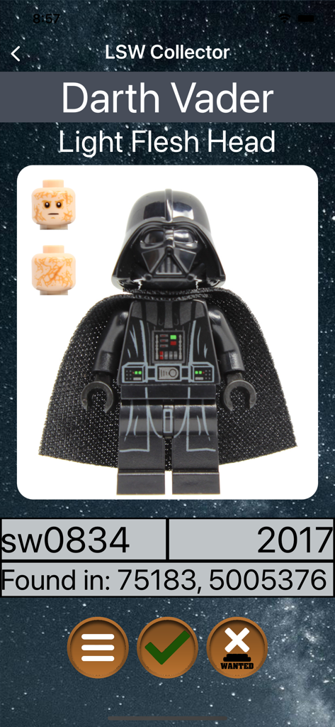 Screenshot of the LSW Collector app showing a Darth Vader LEGO minifigure with ID sw0834 and its 2017 release date