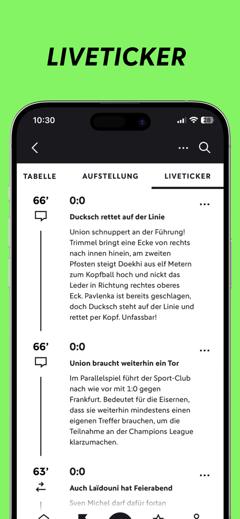 FUSSBALL.DE - 실시간 축구 경기 업데이트 및 논평이 포함된 FUSSBALL.DE 앱 라이브 티커를 보여주는 모바일 화면