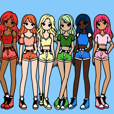 a group of girls wearing crop tops and shorts