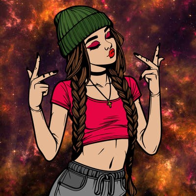 realistic teenage girl with braids and a beanie and crop top doing 🫶🏼