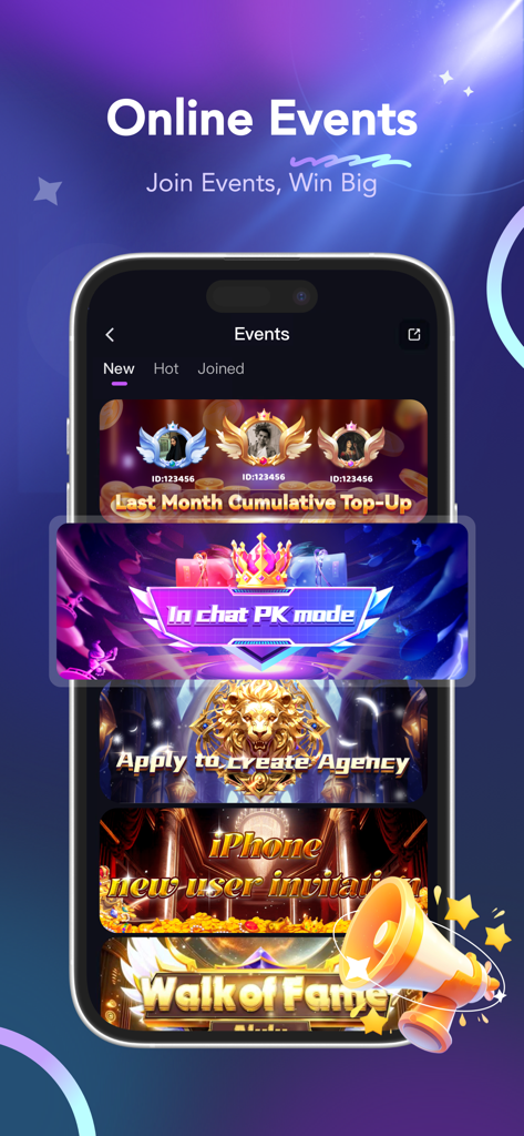 Nahki-Group Voice Chat & Party - Una pantalla de smartphone que muestra la página de Eventos en Línea de la aplicación Nahki con varios banners de eventos competitivos y sociales.