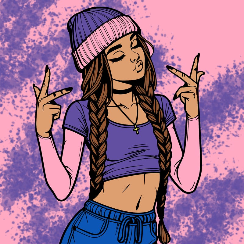 realistic teenage girl with braids and a beanie and crop top doing 🫶🏼