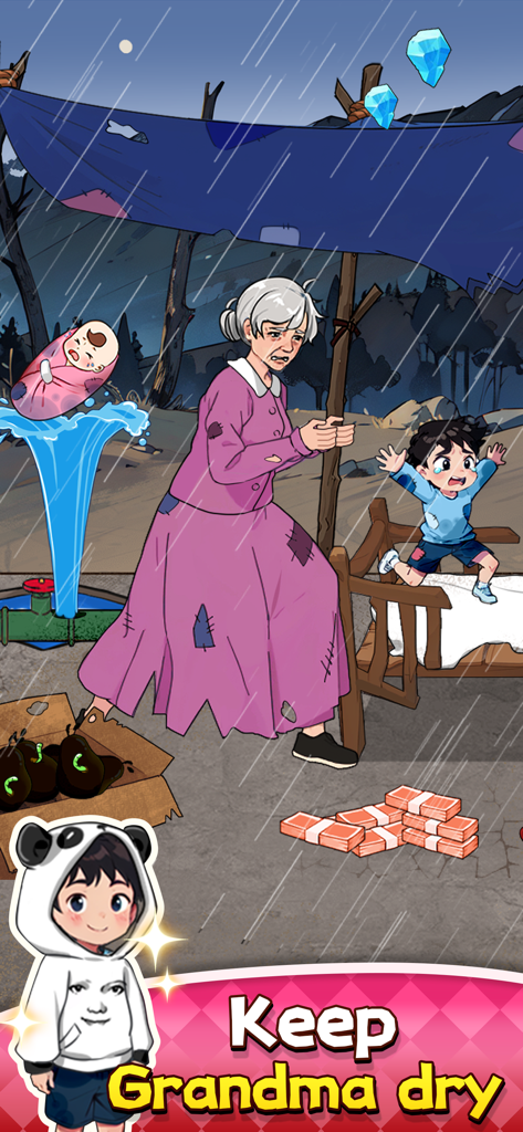 Tricky Puzzle: Brain Quest - Un nivel de juego en Tricky Puzzle Brain Quest donde los jugadores deben encontrar una manera de mantener a una abuela seca bajo la lluvia