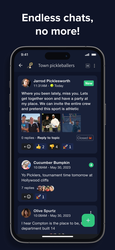 Loop Messenger - Loop Messenger interface showing an organized group chat for a sports community with threaded replies and reactions.