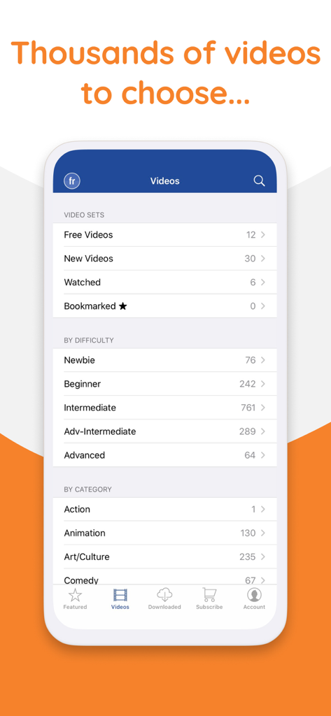 Yabla French - Yabla French app interface showing a list of videos organized by difficulty levels and categories.