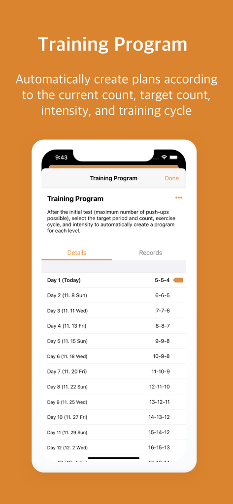 Pushupstar: push ups counter - Pushupstar app training program screen displaying a personalized push up workout schedule