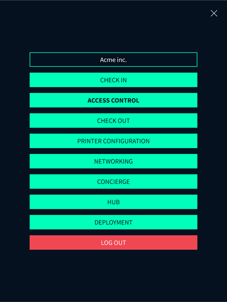 Klik Technician App - Main menu interface of the Klik Technician App showing management options like check in, access control, and printer configuration.