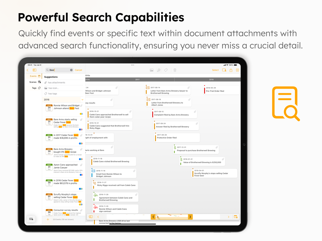 TimelinePad - Create Timelines - TimelinePad app search interface on iPad showing filtered legal case events and document search results.
