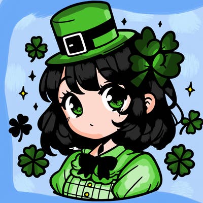 a manga-style girl with clovers around her, a little hat in her hair, like it's saint patrick's day