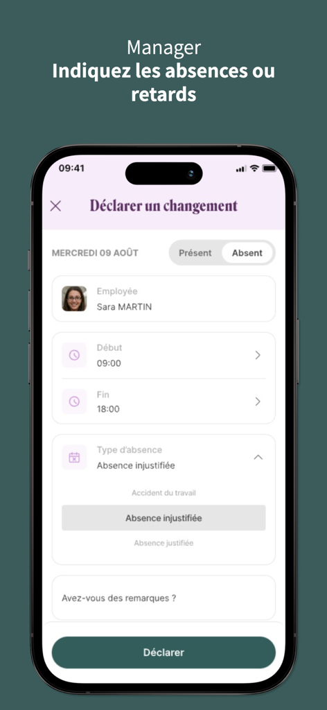 Combo - Interfaz móvil de la aplicación Combo para que los gerentes informen sobre las ausencias y retrasos del personal