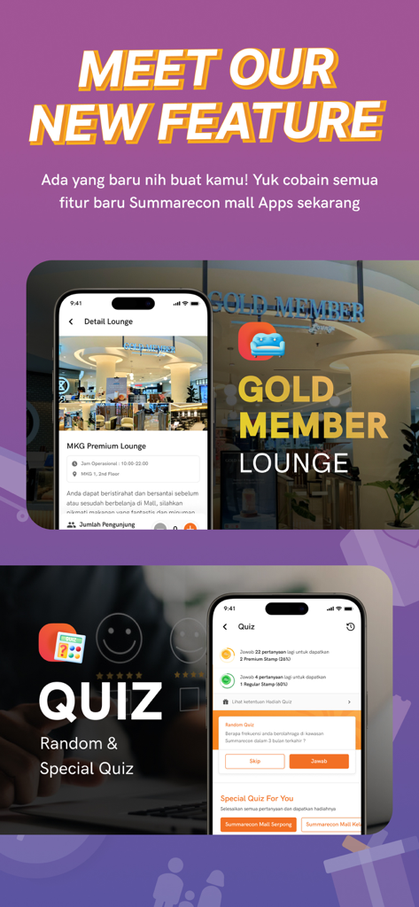 Summarecon Mall - Promotional screen for the Summarecon Mall app highlighting the Gold Member Lounge and interactive quiz features