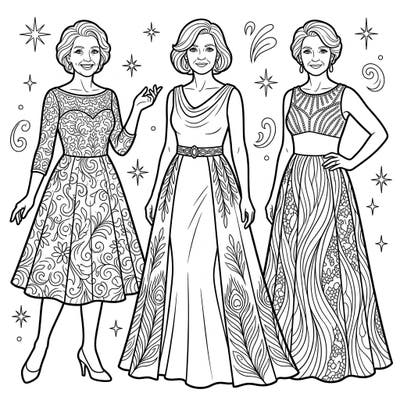 Step into a world of elegance with our senior-friendly party dress coloring page. Featuring three graceful women in beautifully patterned gowns, this design offers both relaxation and creative expression.