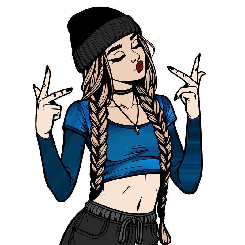 realistic teenage girl with braids and a beanie and crop top doing 🫶🏼