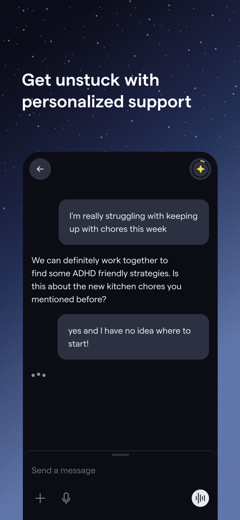 Indy: Your ADHD Copilot - A chat interface within the Indy app showing a supportive conversation between a user and the AI copilot discussing ADHD friendly strategies for chores.