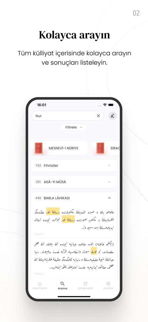 Hayrat Risale-i Nur - Interfaz de búsqueda de la aplicación Hayrat Risale-i Nur mostrando resultados en guion turco otomano.