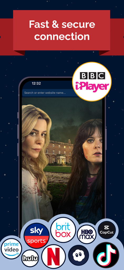Interfaccia dell'app VPN UK che evidenzia una connessione veloce e sicura per lo streaming di BBC iPlayer e altre piattaforme