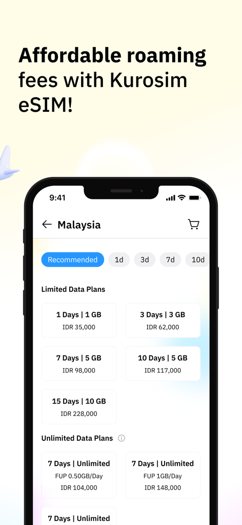 Kurosim app screen displaying available eSIM data plans for travel to Malaysia