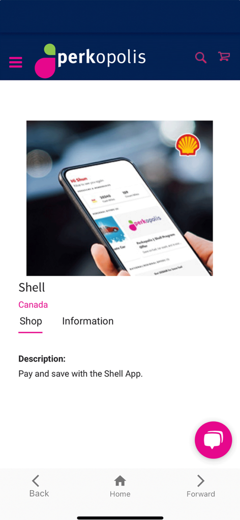Perkopolis Mobile - Capture d'écran de l'application mobile Perkopolis affichant une offre d'économie Shell pour les membres.